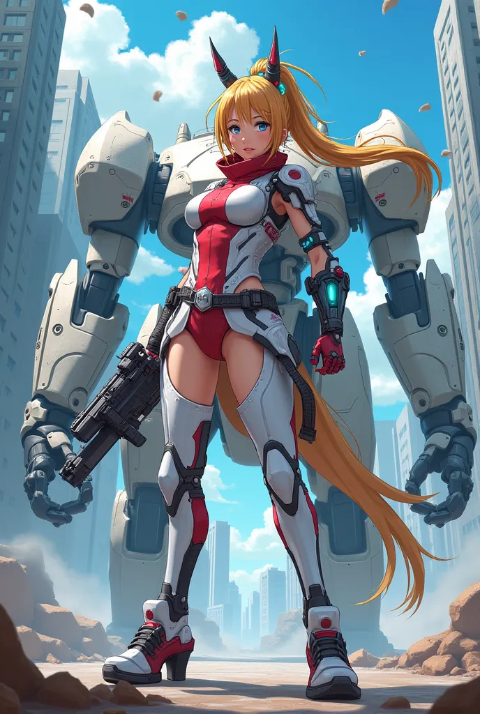 "Futuristic anime-style female warrior with golden blue hair tied in a long ponytail, wearing a sleek, high-tech white and red outfit with robotic armor and glowing blue highlights, standing in a dynamic pose. The character is surrounded by a cyberpunk-ins...