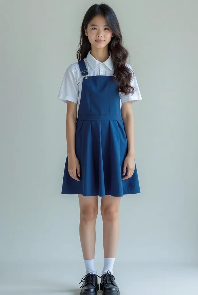 Malay Year 13 grade student, wearing Malaysia high school blue uniform, white shirt, blue pinafore dress, black school shoes, full body shot, High-resolution format, hyper realistic photography, Highly detailed, detailed hairs, Detailed skin, Detailed eyes...