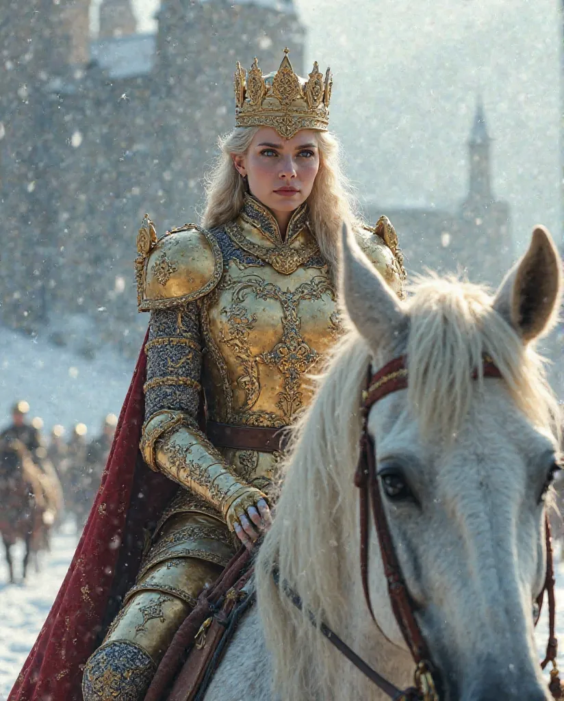 is an iconic painting of the queen who rules the Kingdom of Frost. The queen appears in a close-up image riding on an authentic horse with her golden crown on her head. She also wears decent gold war shields on her body that shows her in a majestic and ele...