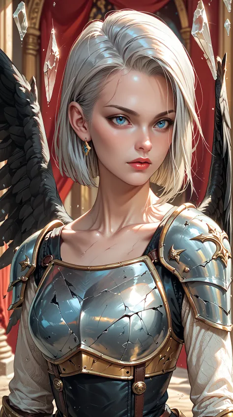 Magnificent depiction   ， A silver-haired banshee hunter ，   armor broken like glass   ，   black wings  ，Red edge ， background changes from warm reddish-yellow to calm blue-green。