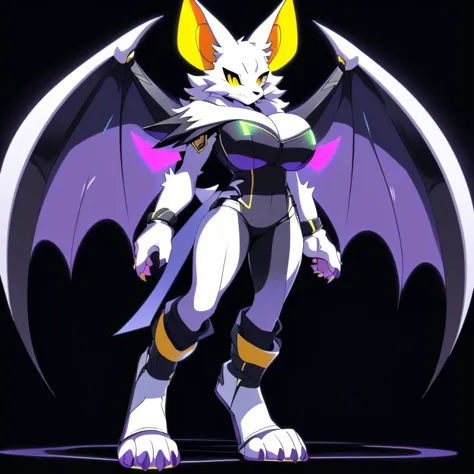 Anime, ((anime style)), ((solo)), ((solo picture)), alone, simple shading, ((full body picture)), ((plush build)), ((wearing a stylized black outfit with neon highlights)), ((female Anthro bat)), ((Tall with large round breasts)), ((tall buxom figure)), ((...