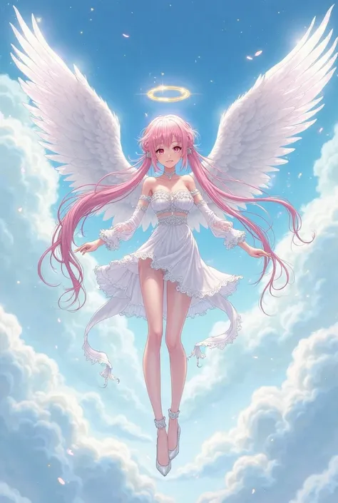 anime female character, long light pink hair with two long pigtails, golden angel halo, fair skin, pink eyes, white angelic outfit, white high heels, large white wings, 1.65m tall, floating in the sky with soft blue clouds, ethereal and serene atmosphere, ...