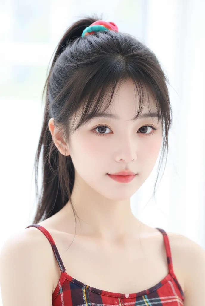 A beautiful, pure and innocent-looking Japanese girl of her age. She has long black hair pulled back in a high ponytail with a colorful scrunchie. She has soft, youthful features, clear, smooth skin and a calm, serene expression. Her lips are slightly full...