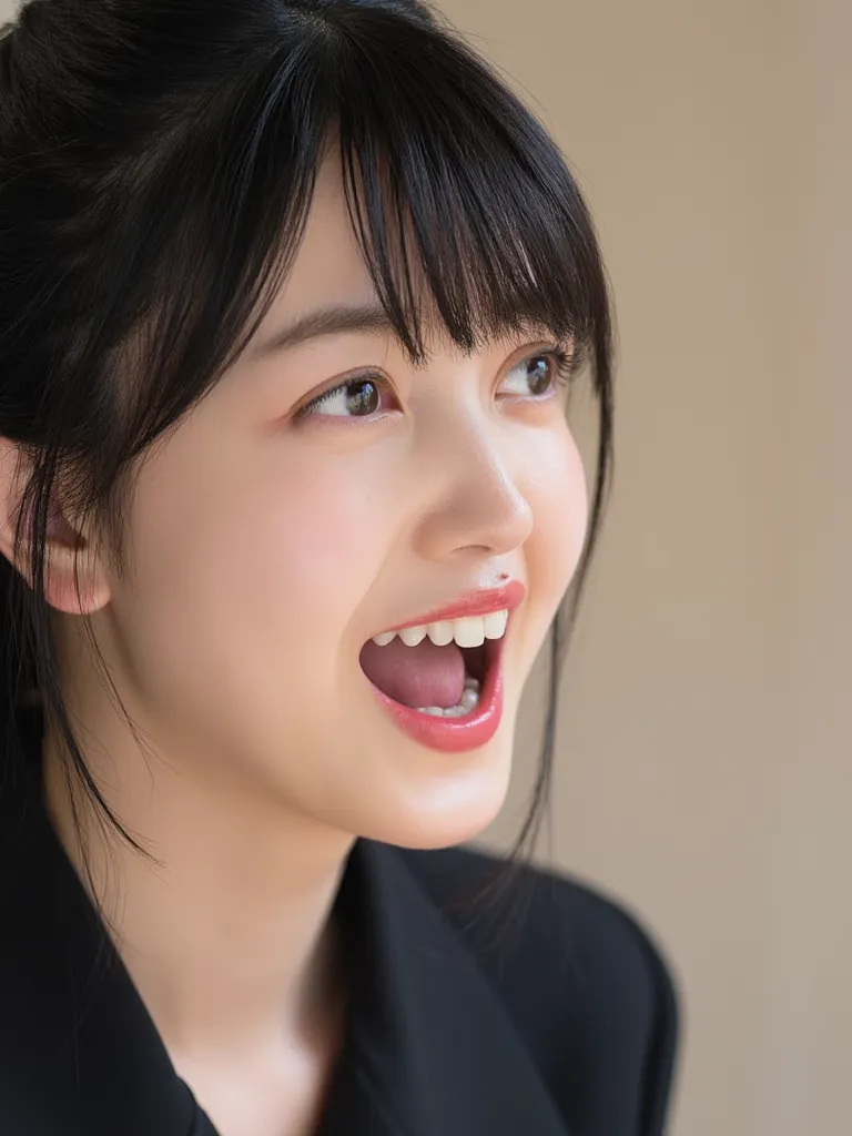 Kubo Shiori opens her mouth wide,Open mouth， showing teeth，NFSW,pornography, Half-length close-up，Exhale 、她有一个妩媚张嘴Exhale 的表情. Direct, Dark Hair, Single ponytail style with straight bangs.  She has fair skin ，Exquisite ,  Youthful face with a light makeup ,...