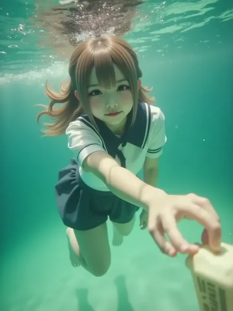 1 nogizaka girl, swimming underwater, selfie, school uniforms, barefoot, trying to grab money note, 35mm film
