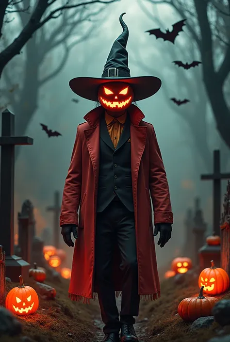 An evil man with a witch's hat and the face of a pumpkin in coral clothing , In a cemetery with pumpkins bats and crosses and fire