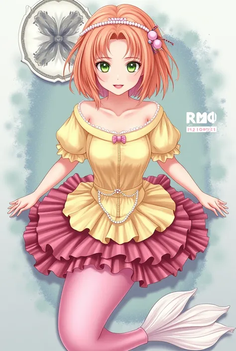 anime, She is a mermaid, full body, her short orange hair, green eyes, her yellow blouse with a neckline that shows a little skin with blondes, His little bow on the pink collar, her long mermaid tail is pink and her ribbon in her pink hair on the right si...