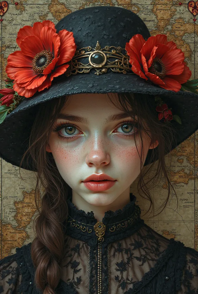 She's a girl and her eye is hidden under a map and red flowers and a little hat and black clothes like in a card 