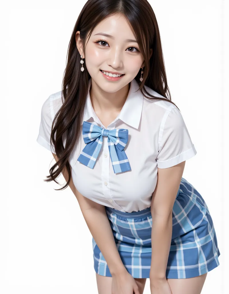 (photo realistic, masterpiece, best quality), (1 girl), {ATTIRE(white short sleeve shirt:1.3), (sky blue plaids pattern miniskirt:1.3), (sky blue plaids pattern bow tie:1.3)}, {APPEARANCE(dark brown hair:1.3, long straight hair:1.3), (large breasts), (happ...