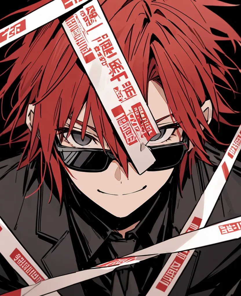 A red-haired, dark-eyed, wolf-cut man is wearing sunglasses and smiling grinly　Top Quality　beautiful　upper body　close-up　Top Quality　black suit　 suspicious　 suspicious雰囲気　Regulatory Tape　red and black base