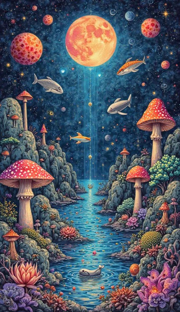 Psychedelic art paicodelic texture with objects such as calaberas rock mushrooms whales fish balloons octopuses alien things teeth magicians princesses taboo things illusions transformations holes drops of water trees moons cosmos stars sea spaceships 