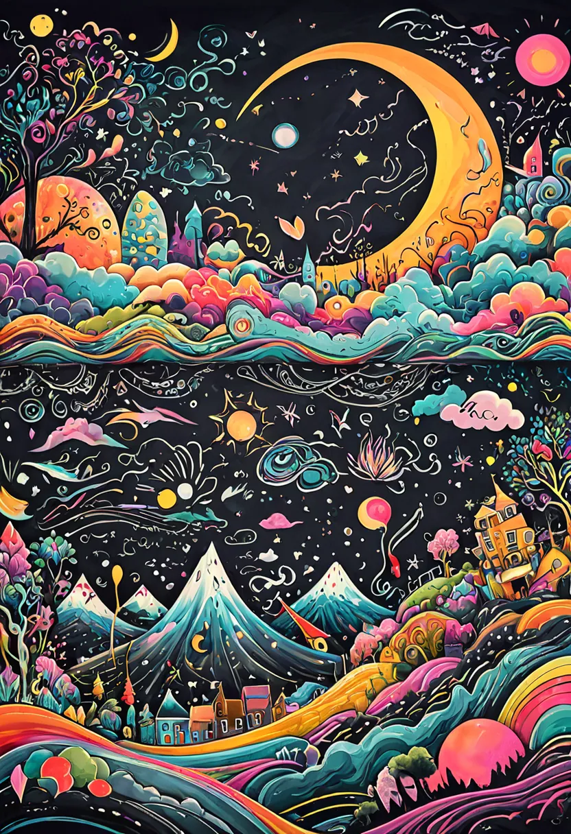 Generate a surreal image of a blackboard full of doodles, where strokes are transformed into dreamlike shapes and landscapes. Combine abstract and figurative elements that merge reality with fantasy, creating a unique and enigmatic composition.