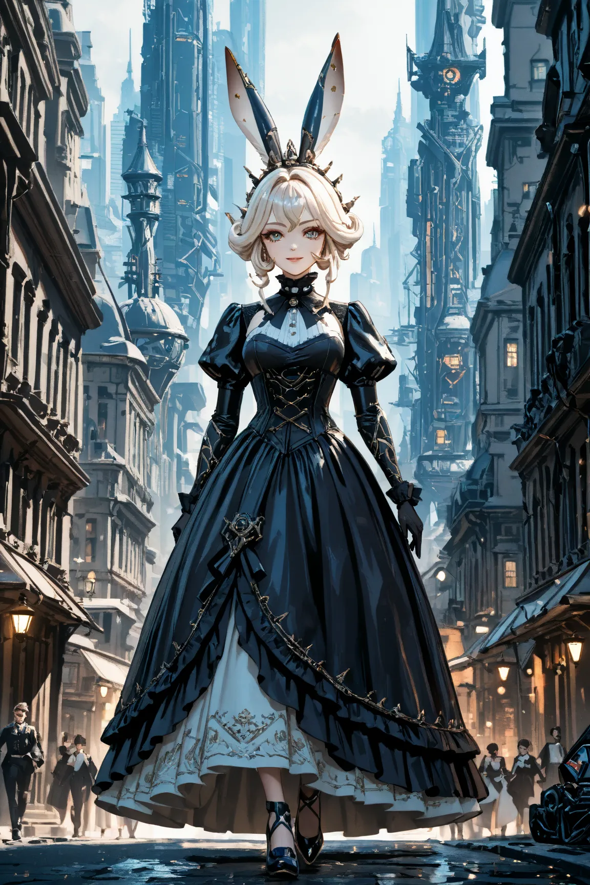 Victorian goth, construct, made of porcelain, mecha viera, Black victorian dress, cyberpunk dystopian city, wealthy sector, smiling, walking through the city,