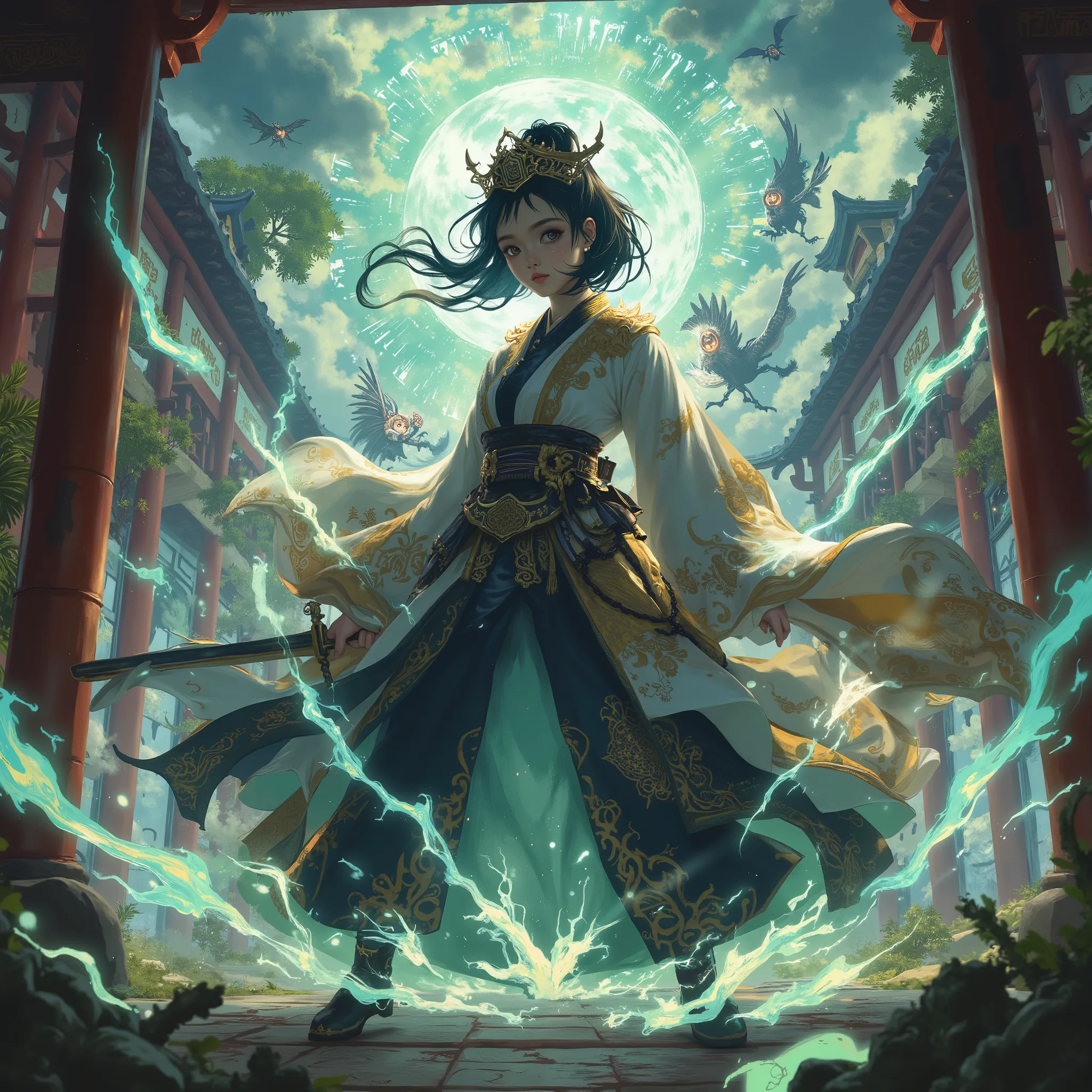 beautiful shoujo shrine maiden fighting demons, at the shrine, detailed portrait of a young female shrine maiden in traditional japanese clothing, with determined expression, brandishing a glowing sword and fiercely fighting off dark demonic entities in th...