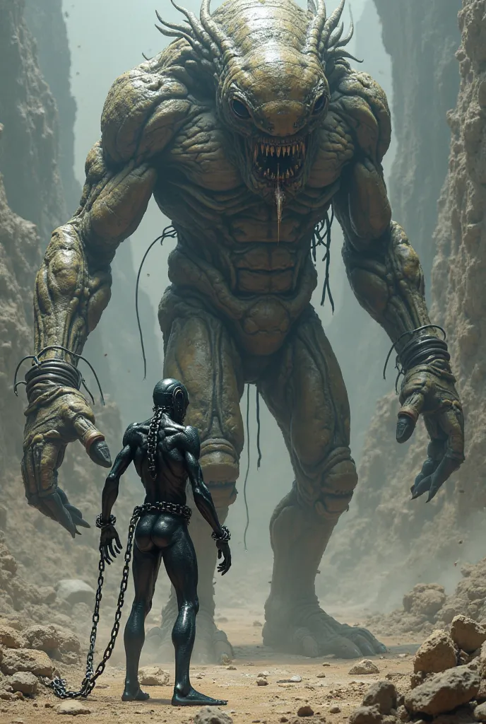 
Image of a chained alien, He's all black and skinny, being forced to fight another giant 6-meter-tall alien that has a body made entirely of rocks.