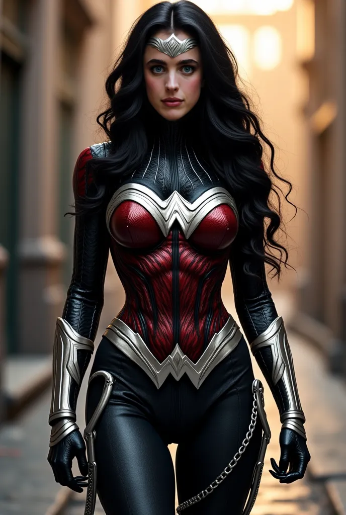 (((Symbiote fused with Spiderman Wonder Woman ))),((( A beautiful woman with long black hair under the mantle of the Amazon warrior Wonder Woman))),((( Wonder Woman emblem on her chest))),(((black corset))),(((Long black boots up to her knees))),((( With S...