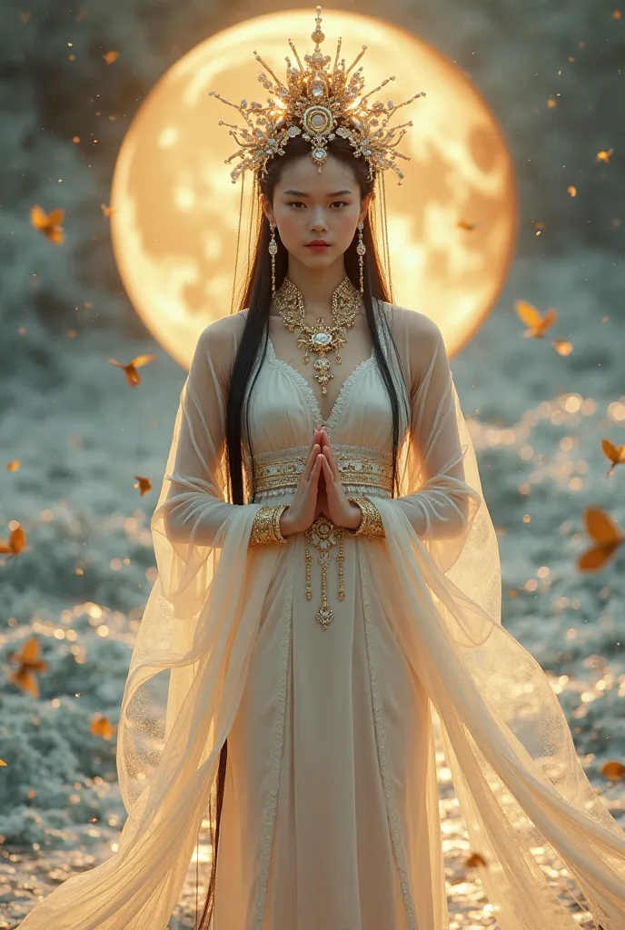 (masterpiece,Top Quality,,【8k,high resolution), one woman,,Beautiful face,Beautiful face,beautiful eyes, Beautiful lips , Mercy Guenseon , Dark Hair,,wave,,Standing on the surface of the water,,flower,[bird,,moon,,jewelry,Hold, Long Sleeve,veil,necklace,蓮f...