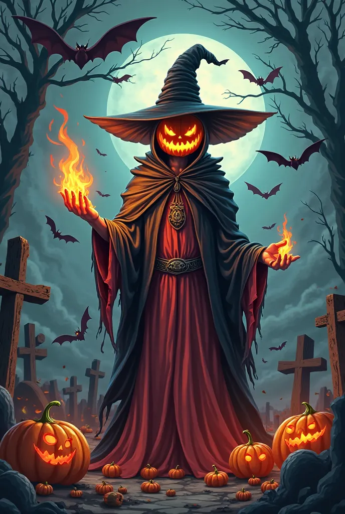 Create vector image of an evil man wearing a witch's hat and a pumpkin face wearing coral clothing , In a cemetery with pumpkins bats and crosses and fire