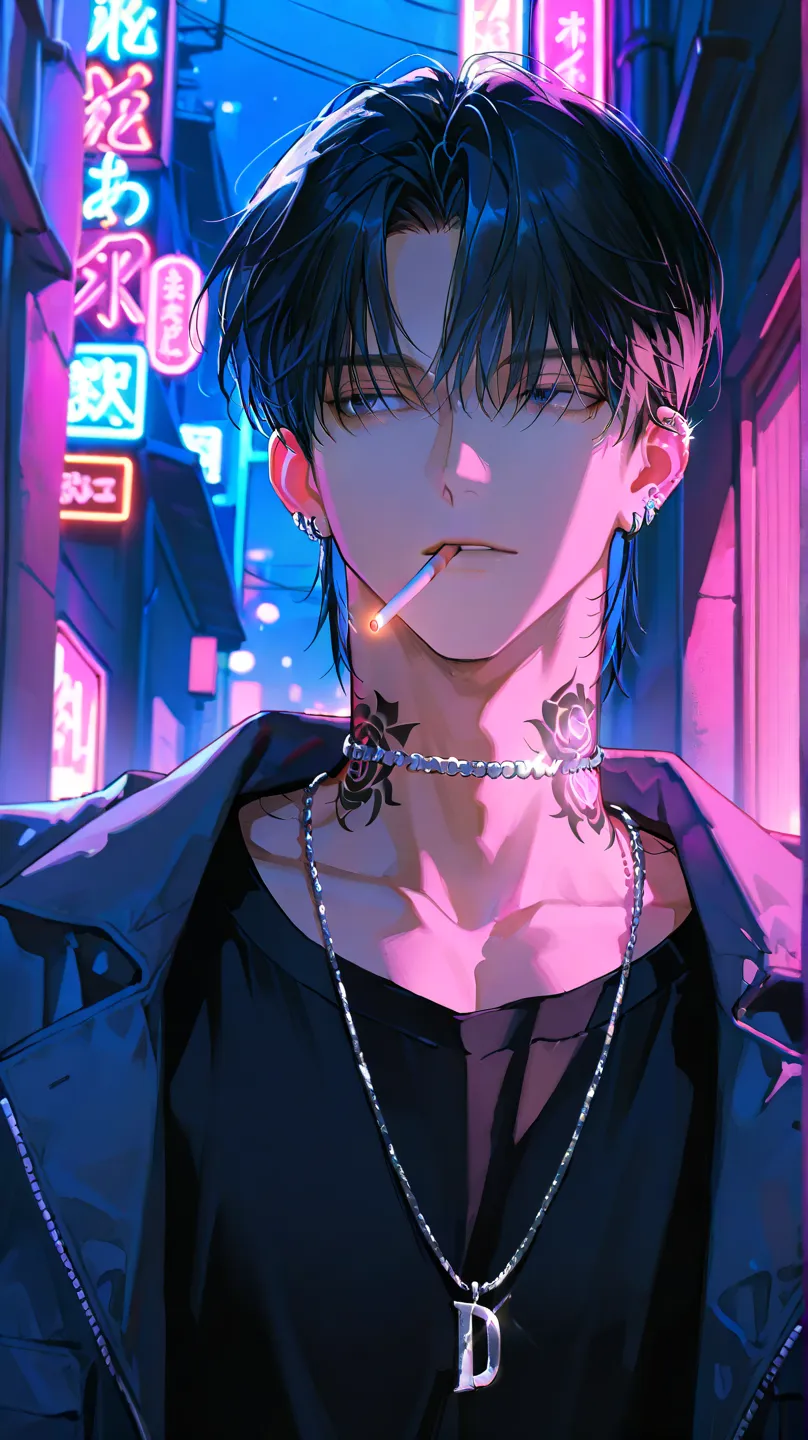 male,black hair,black eye,hair dyed blue at the ends,handsome,lots of silver pierced ears,back alley,illuminated by neon lights,pink heart-shaped tattoo on his neck,many silver necklaces,he wears a silver ring,night,mature men,add a cigarette to your mouth...