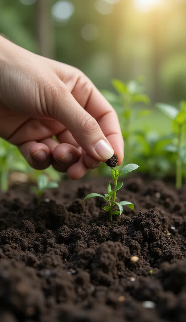 A picture of a hand planting a seed in the ground, along with an animation of the seed starting to germinate.