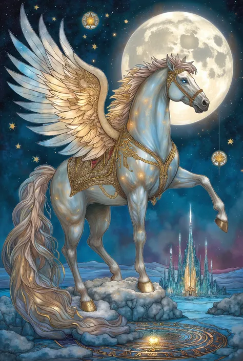 A celestial Pegasus, inspired by Gustave Moreau, soaring gracefully under a moonlit, icy sky. Its silver-white fur shimmers with a mystical glow, adorned with intricate golden engravings reminiscent of sacred symbols. Its flowing mane and tail are semi-tra...