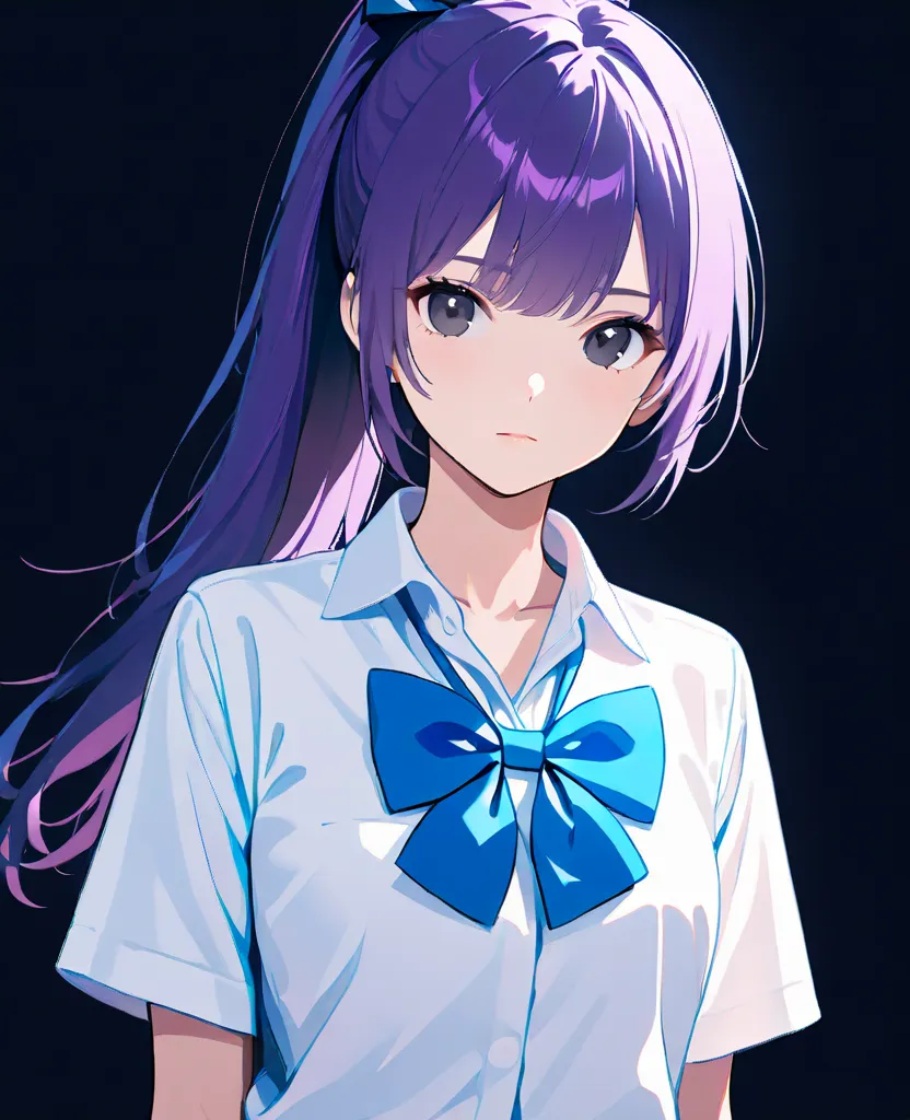 1girl, solo, looking at viewer, simple background, shirt, bow, closed mouth, school uniform, white shirt, ponytail, purple hair, short sleeves, bowtie, black eyes, blue bow, black background, arms at sides