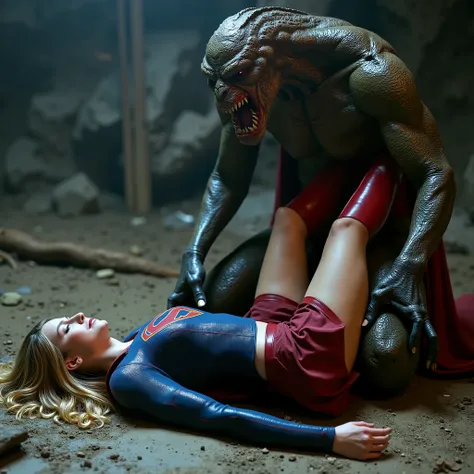 Supergirl is lying flat on the dirt, very bright white skin, her legs wrapped around the monster waist., can see whole body, She is wearing a thin black pantyhose, very short red skirt, flipped up skirt, red knee height long boots, blonde hair, unconscious...