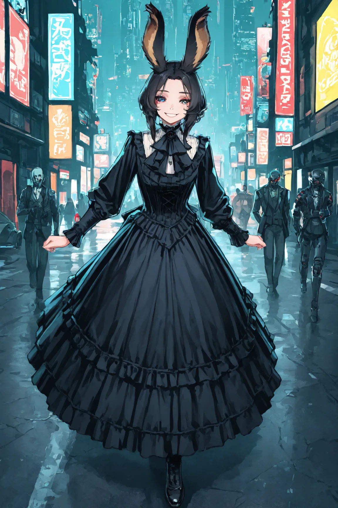 Victorian goth, construct, made of porcelain mecha viera, Black victorian dress, cyberpunk dystopian city, wealthy sector, smiling, walking through the city,