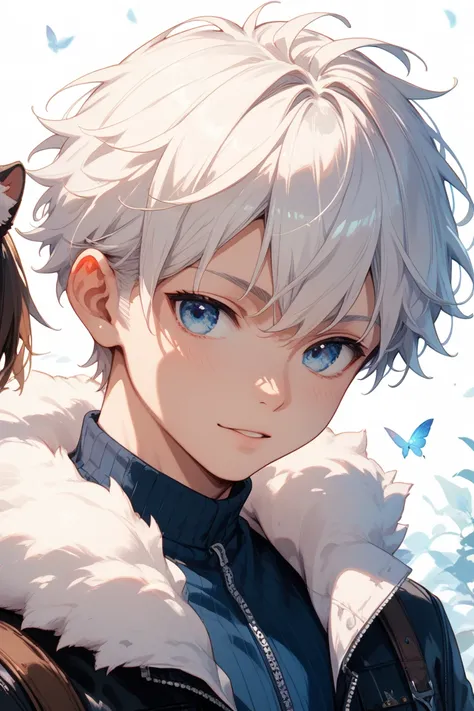 fluffy short hair。Boy with white hair and blue eyes