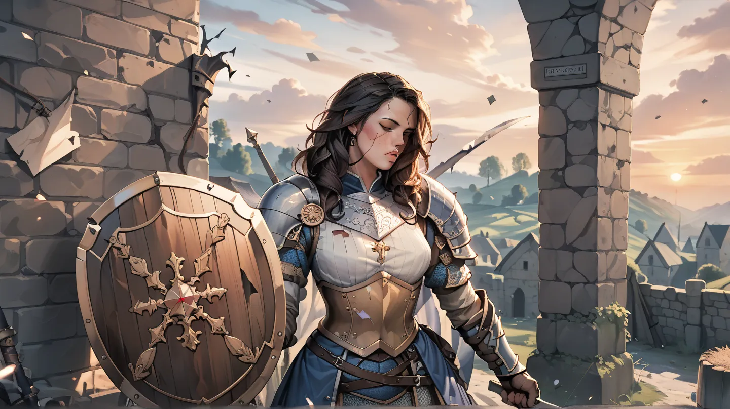 A wounded and unconscious warrior in armor holding a broken sword and shield leaning against a wall in a fantasy medieval battlefield, sunset