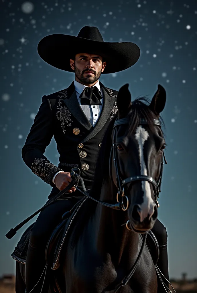 Charro sexy black man with starry sky and black horse percherón