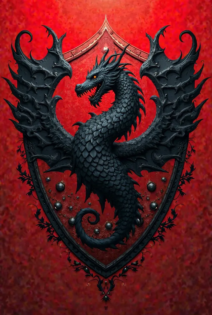 A team shield with black dragon and spheres with a red background and black dragons print