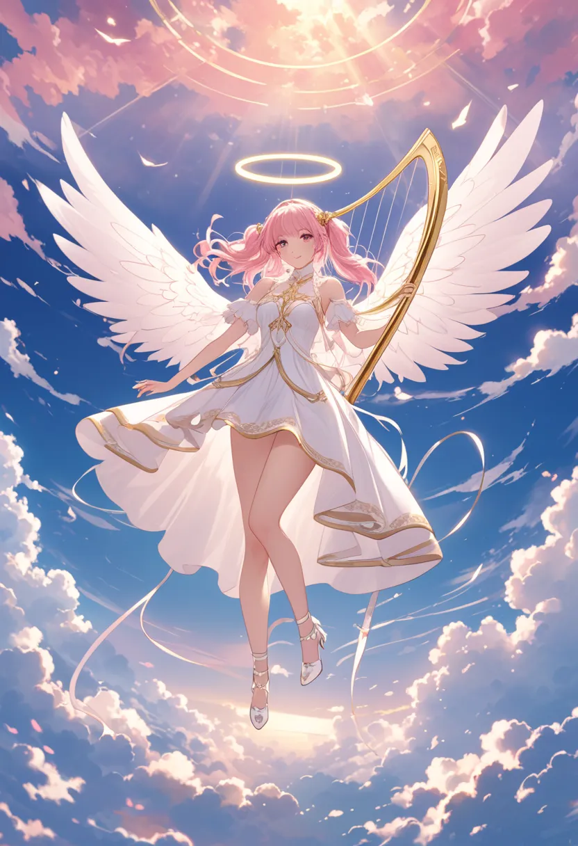 anime female character, long light pink hair with two long pigtails, golden angel halo, fair skin, pink eyes, white angelic outfit, white high heels, large white wings, 1.65m tall, holding a pink harp, floating in the sky with soft blue clouds, ethereal an...