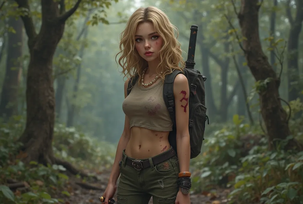   with wavy blond hair ,  light brown eyes,  with a suspicious face , survivor's outfit,  slightly torn pants ,  , cropped brown,  dark green pants a little torn ,  small black backpack , pearl necklace, nose piercing,  pink mouth ,  dark brown boot ,  kni...