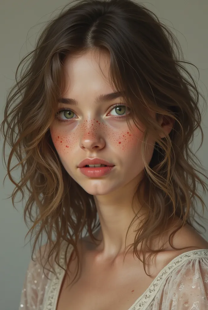  Woman with wavy brown hair ,  slightly disheveled , green eyes and freckles