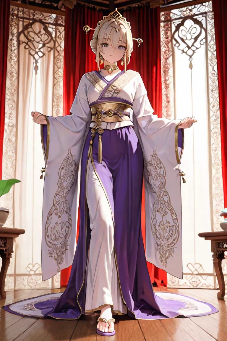 Create a 3D model of a noblewoman from the Trần Dynasty (13th-14th century), standing in a graceful and composed pose, reflecting the refined elegance of a Vietnamese court lady. She wears the traditional Nhật Bình attire, a ceremonial robe distinctive to ...