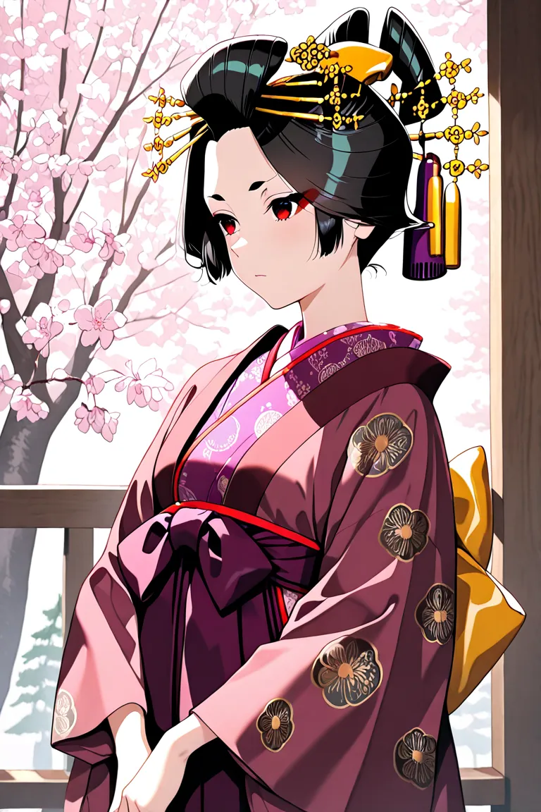 masterpiece, top quality, one Oiran under a weeping willow tree, solo, black hair, in the evening