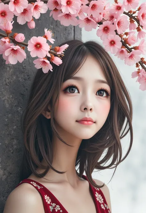 Details look intricate {x} Cherry Blossom Maiden's Dark Fantasy is facing upward, Look above with a calm expression, spring, (((Beauty blooming on a cherry tree towering over a towering cherry tree:1.3))), Dusky rain has begun to fall,  starts raining , Ex...