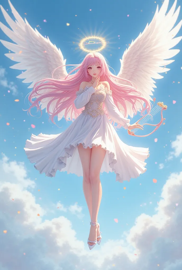 anime female character, long light pink hair, golden angel halo, fair skin, pink eyes, white angelic outfit, white high heels, large white wings, 1.65m tall, holding a pink harp, floating in the sky with soft blue clouds, ethereal and serene atmosphere, hi...