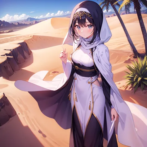 A BEAUTIFUL YOUNG WOMAN,   swimming in the sand ,  sharp eyes, delicate facial features, abaya conceals body lines, The hijab that covers the hair, Relaxed Robe, Exquisite Jewelry, Brilliant Headdress , Desert Landscape,  clear, Golden Dunes,  oasis, palm ...