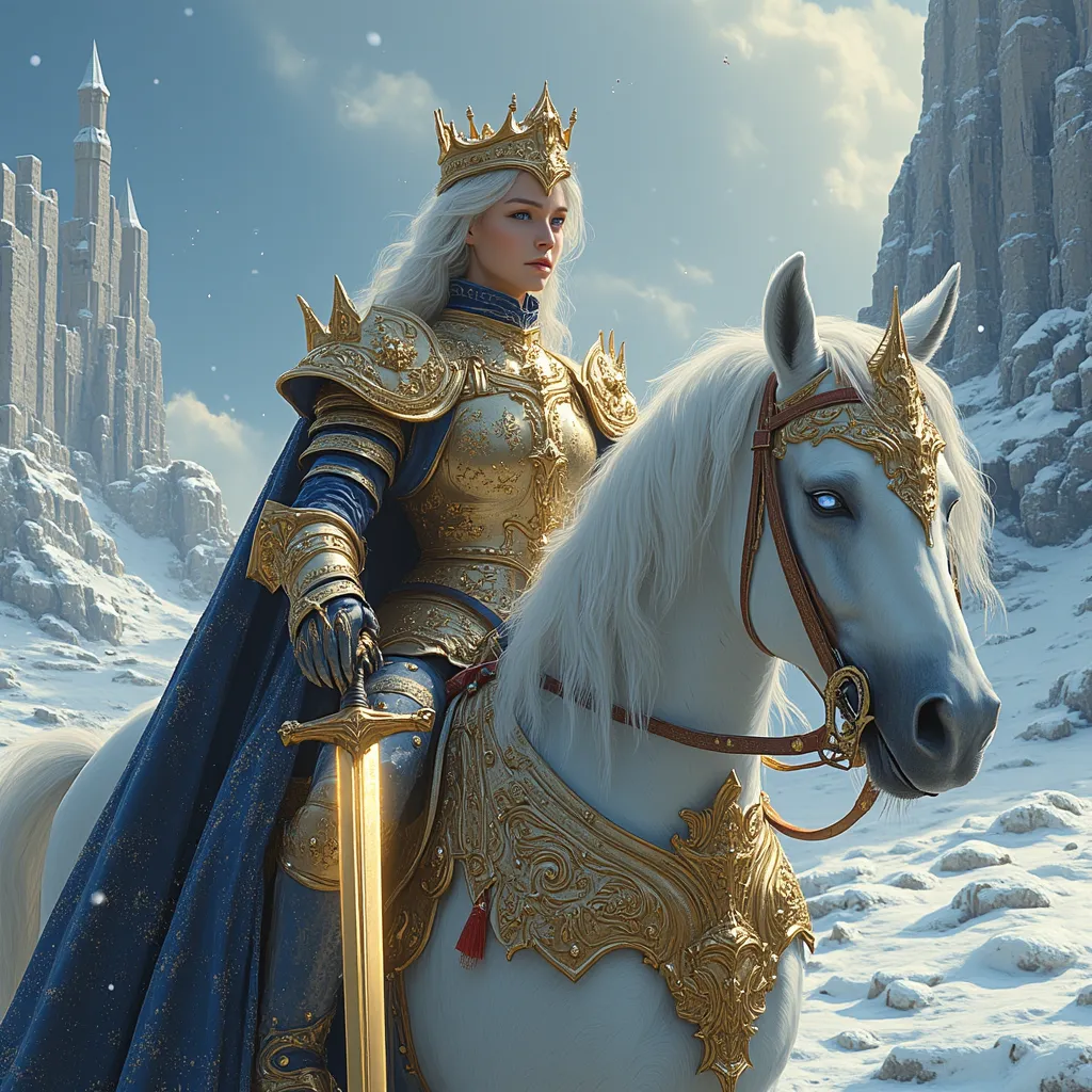 An iconic painting of the queen who rules the Kingdom of Frost. It shows the queen speaking to her army and motivating them, while she is riding on an authentic horse with a shining sword and her golden crown on her head. She also wears decent gold war shi...