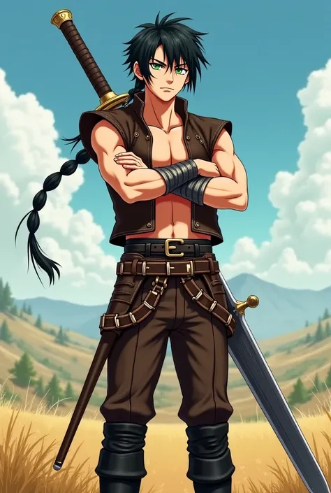 [ 20-year-old boy , Semi-marked and athletic physique, slim and youthful body, Black hair made of a tribal ponytail with some locks framing the face,  jade-green eyes , fair skin, clothing being a medieval leather vest showing part of the bare chest, Shirt...