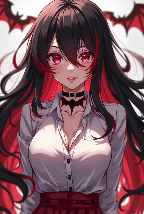 (masterpiece), best quality, expressive eyes, perfect face,1vampire girl,solo, Long thick black hair, red locks,  red eyes, hair covering one eye,Strong physique,She wears a bat-themed collar around her neck ,wearing a White shirt and red skirt   , smiling...