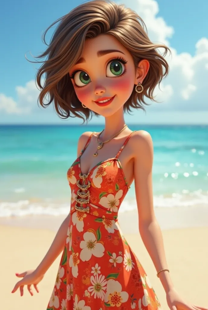 She makes a Pixar character : she is 51 years old , It measures 150 cm, Brown Hair with Blonde Highlights, The fair skin, The green eyes , very short hair like Charlize Theron's,  red lipstick , She wears a flowery dress and is at the beach , 