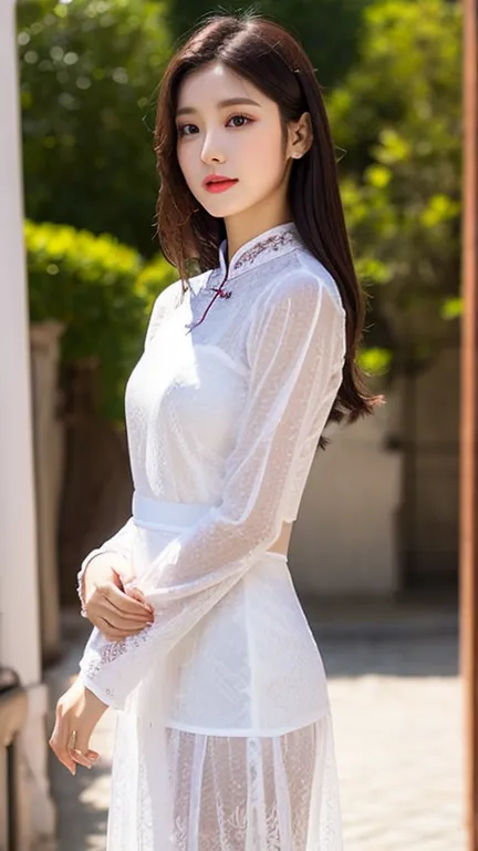 a lady, wear "ao dai", H cup, Korean