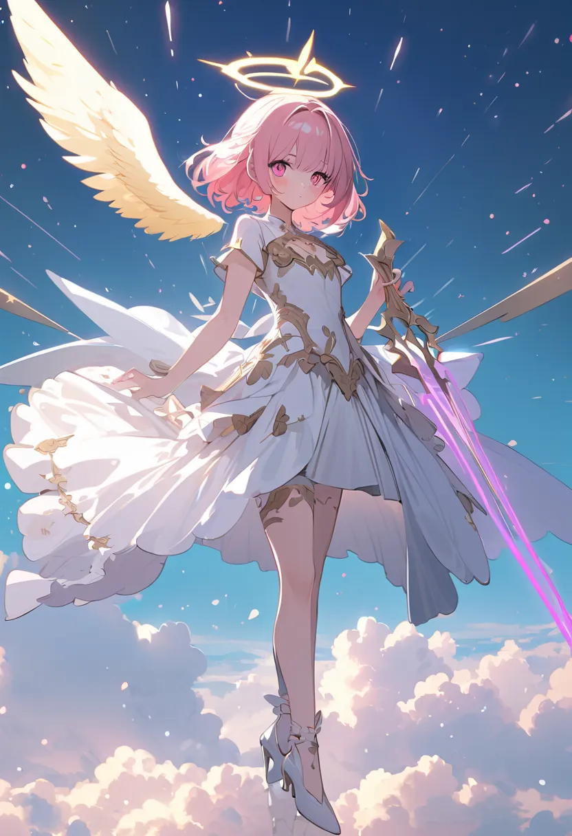 anime female character, long light pink hair, golden angel halo, fair skin, pink eyes, white angelic outfit, white high heels, large white wings, 1.65m tall, holding a pink harp, floating in the sky with soft blue clouds, ethereal and serene atmosphere, hi...