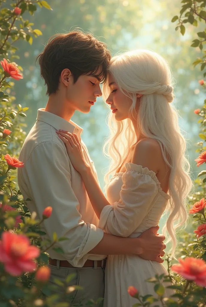 Personality couple, male friend is stroking his girlfriend's white hair in the middle of nature full of flowers, They are all minors