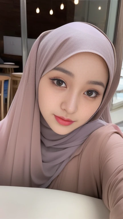 ((wear hijab on head)),  beautiful hijab girl ,   cute face  , in cafe, cafe shop,beautiful long eyelashes, brown eyes, (intricate eye detail), nose detail ,   lip detail  , face detail, detailed eyes, detailed hijab girl, (very   cute face  ), wear hijab ...