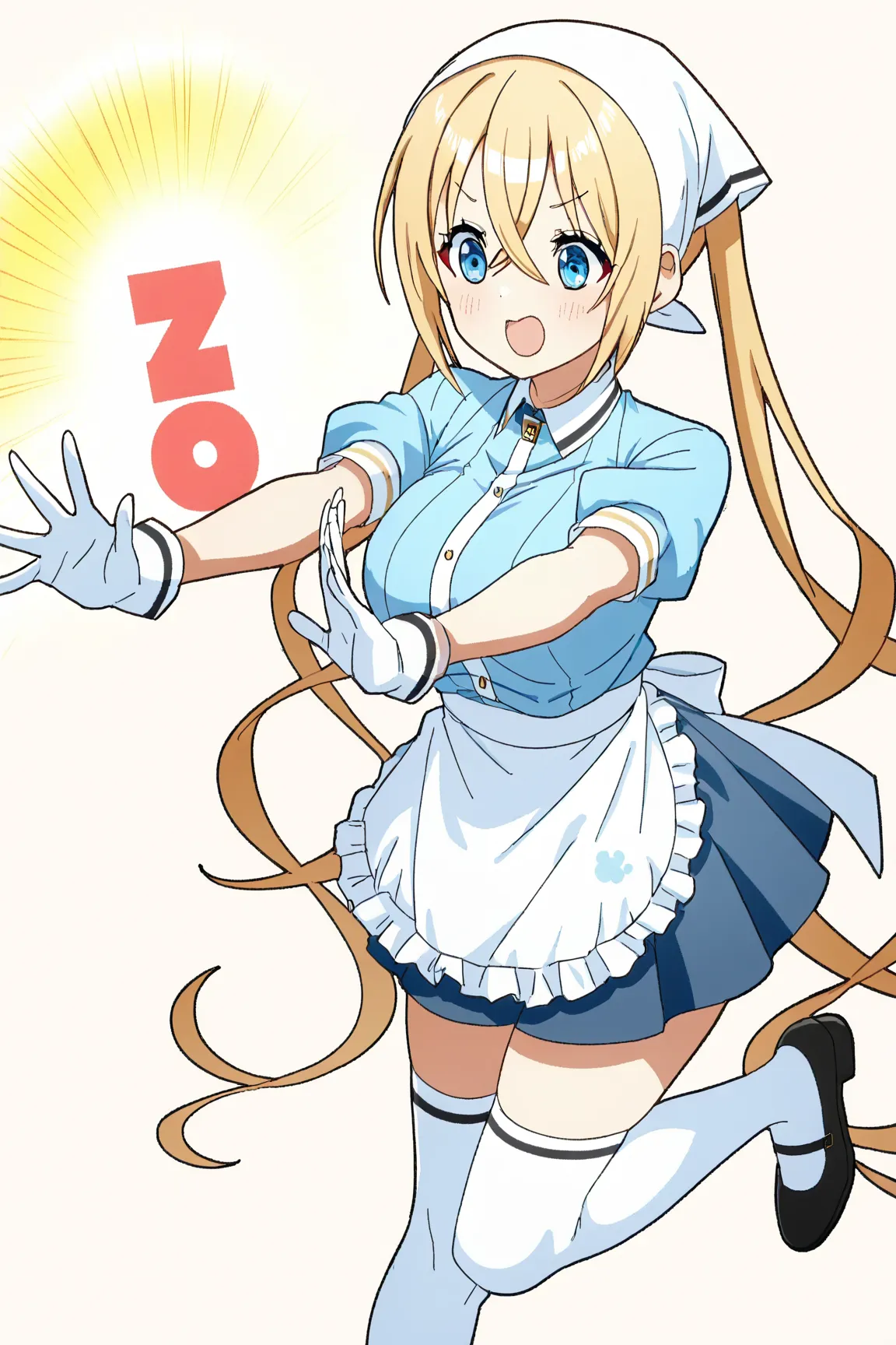 kaho-default,
hinata kaho,blue eyes,blonde hair, twintails, long hair, head scarf,blue shirt,white apron,blue skirt,white thighhighs, gloves,black footwear、パンティーが見える、パンティーが濡れる