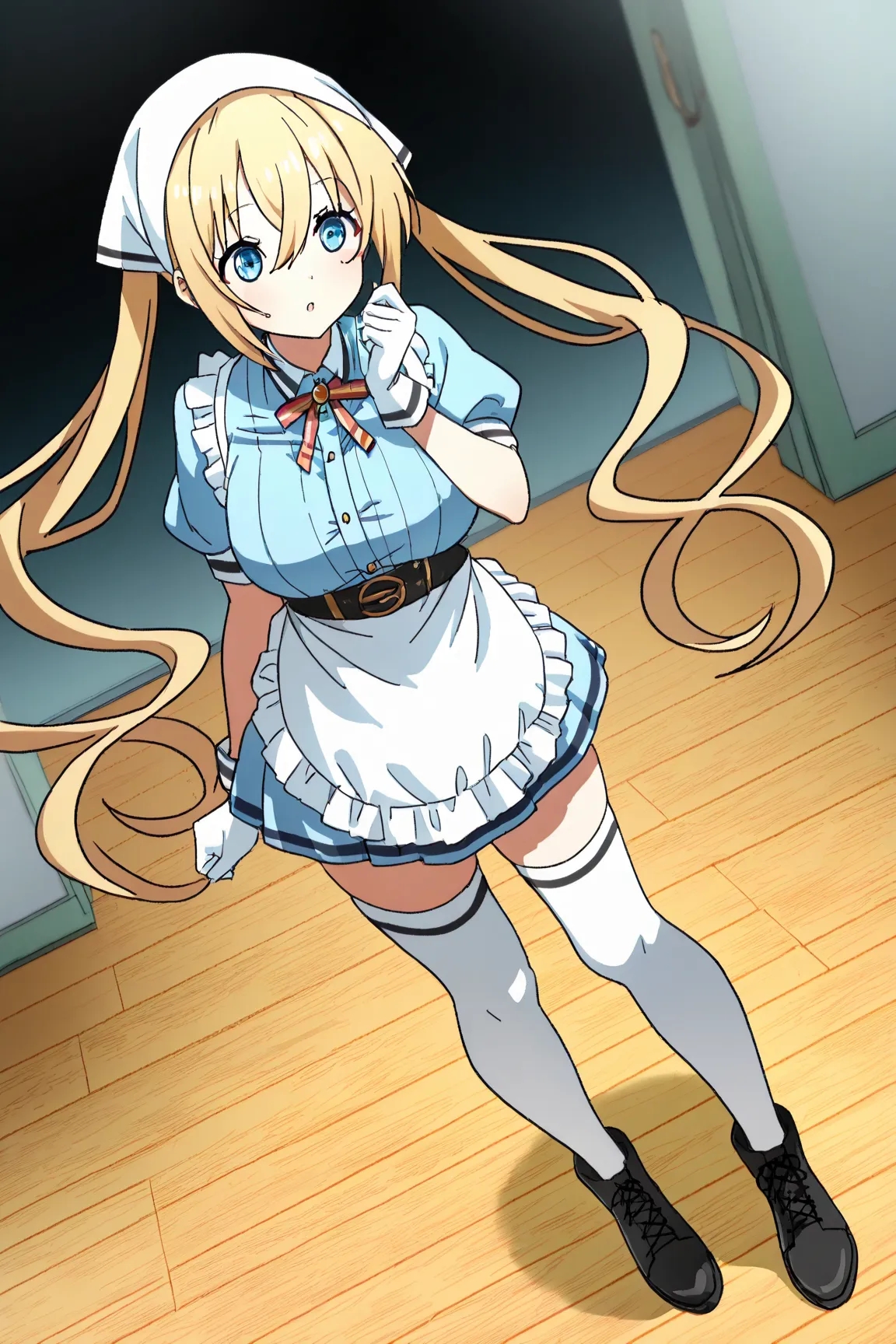 kaho-default,
hinata kaho,blue eyes,blonde hair, twintails, long hair, head scarf,blue shirt,white apron,blue skirt,white thighhighs, gloves,black footwear、パンティーが見える、パンティーが濡れる